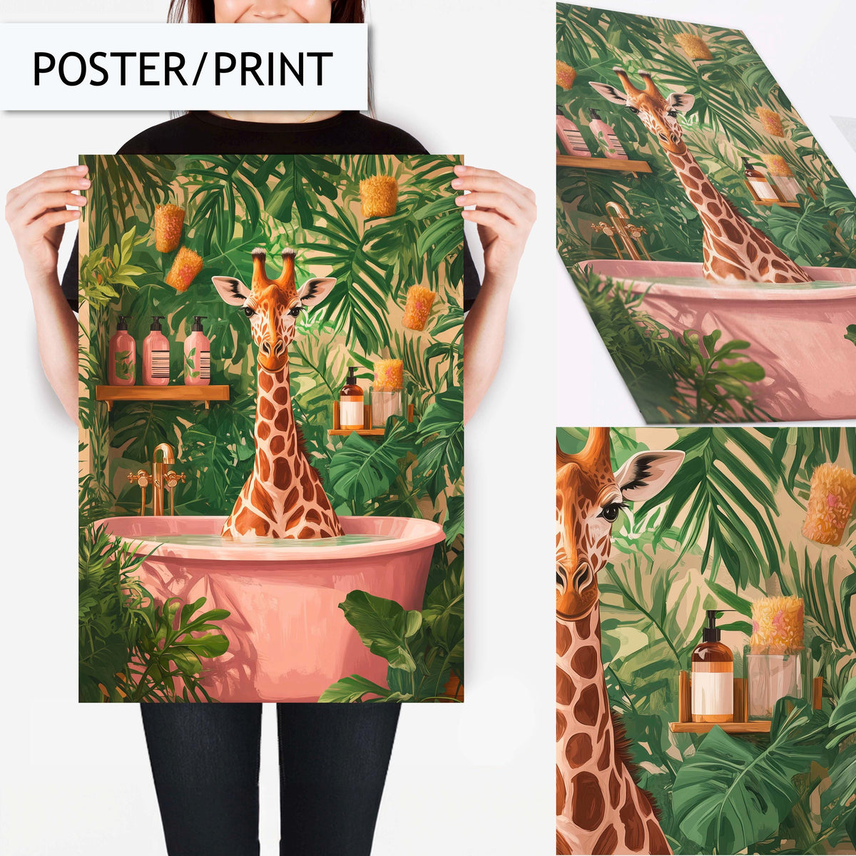 Giraffe Bathroom Art Print, Funny Animal Wall Decor for Bathroom, Safari Giraffe Print for Toilet Wall Art, Jungle Bathroom Decor