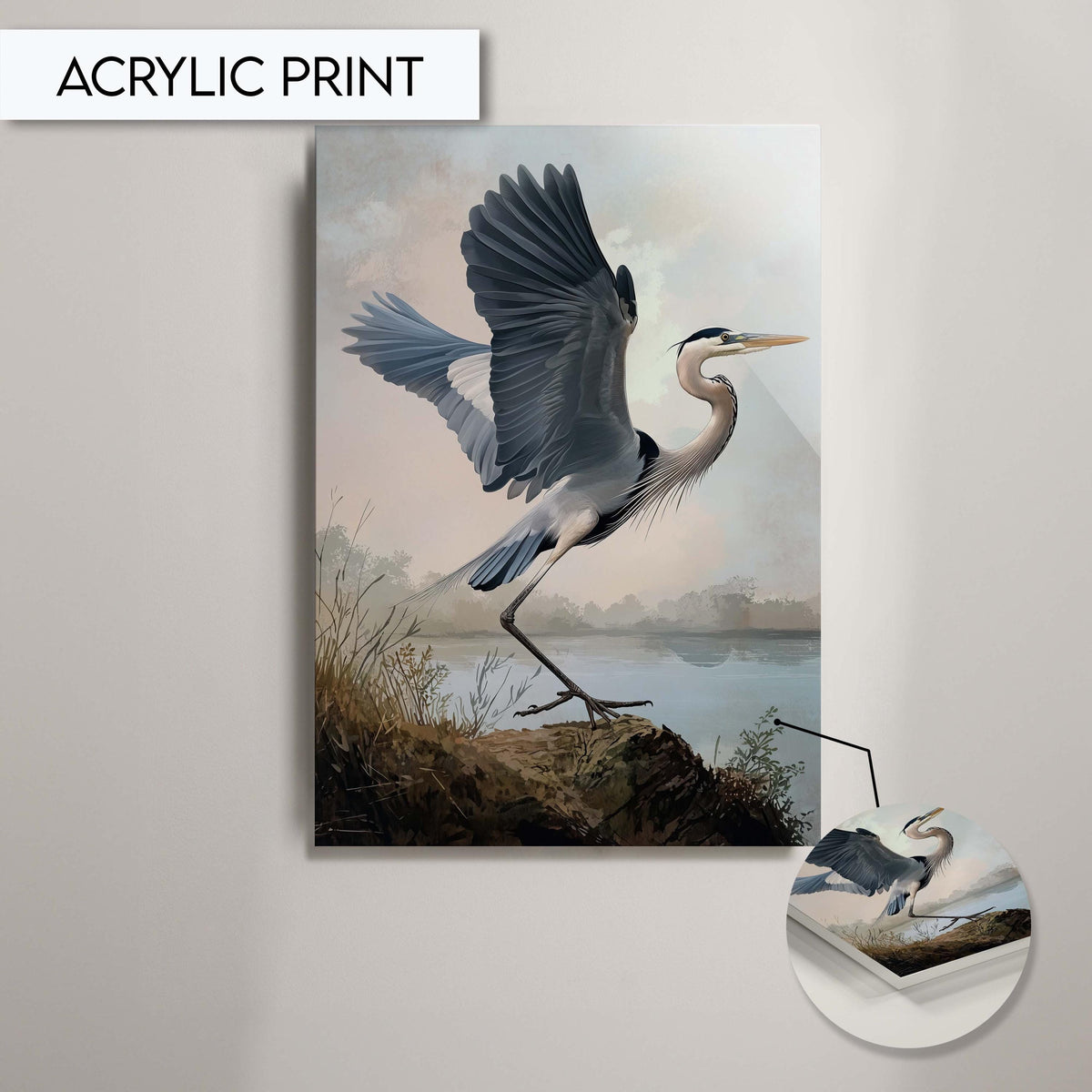 Heron Wall Art, Majestic Bird in Flight Print, Nature-Inspired Animal Decor, Water Bird Art, Elegant Heron Painting, Wildlife Wall Art