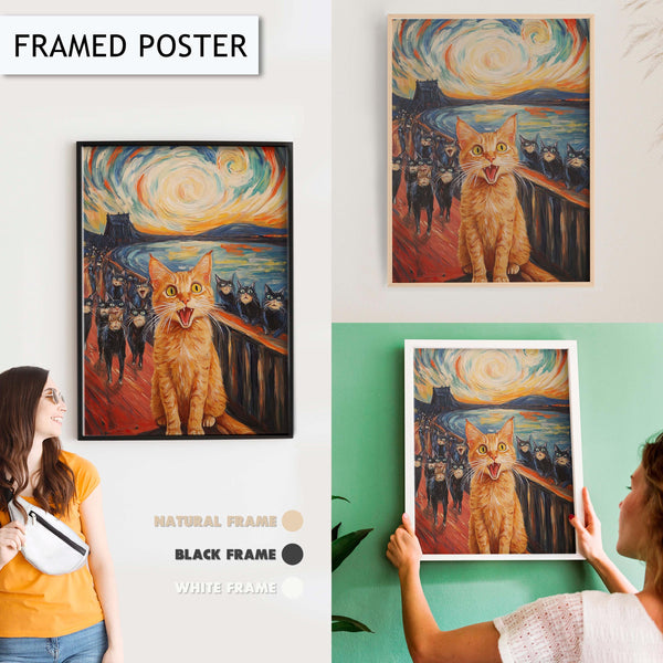 Funny Cat Wall Art, Scream Cat Parody Print, Painting Animal Art for Living Room, Colorful Cat Painting, Cat Portrait, Van Gogh Style