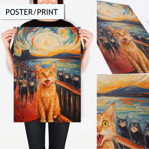 Funny Cat Wall Art, Scream Cat Parody Print, Painting Animal Art for Living Room, Colorful Cat Painting, Cat Portrait, Van Gogh Style