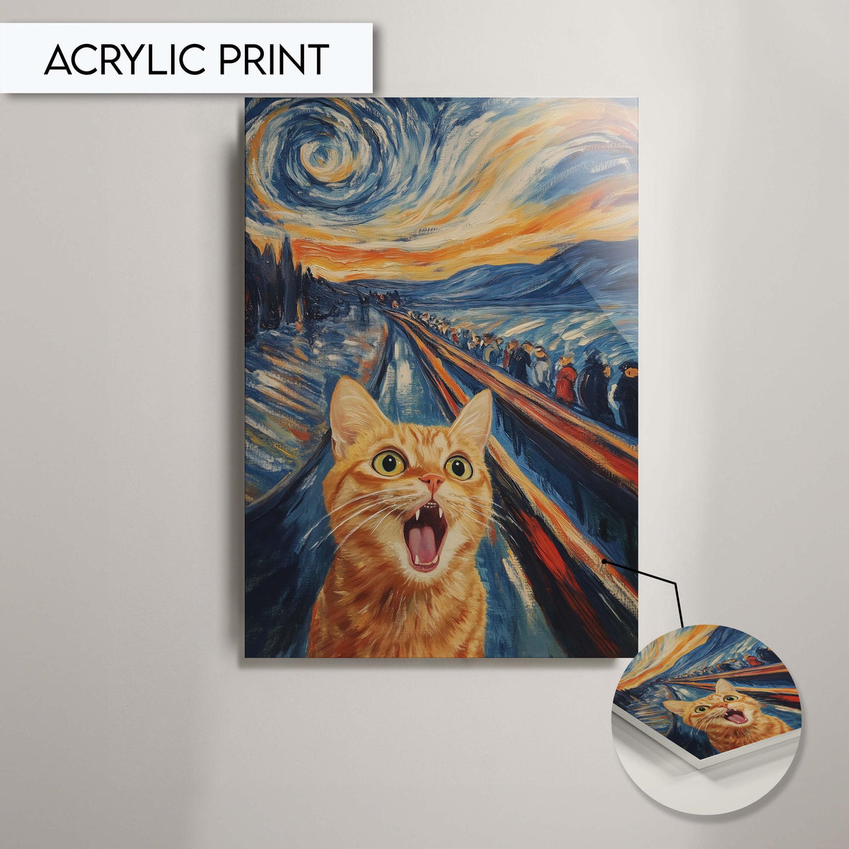 Funny Cat Wall Art, Scream Parody Cat Print, Whimsical Animal Art, Cat Scream Painting, Unique Cat Portrait for Living Room, Van Gogh Style