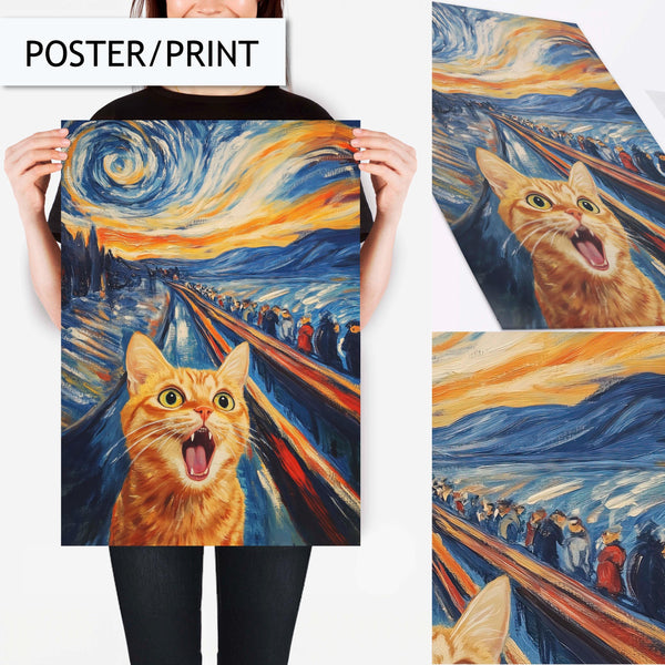 Funny Cat Wall Art, Scream Parody Cat Print, Whimsical Animal Art, Cat Scream Painting, Unique Cat Portrait for Living Room, Van Gogh Style