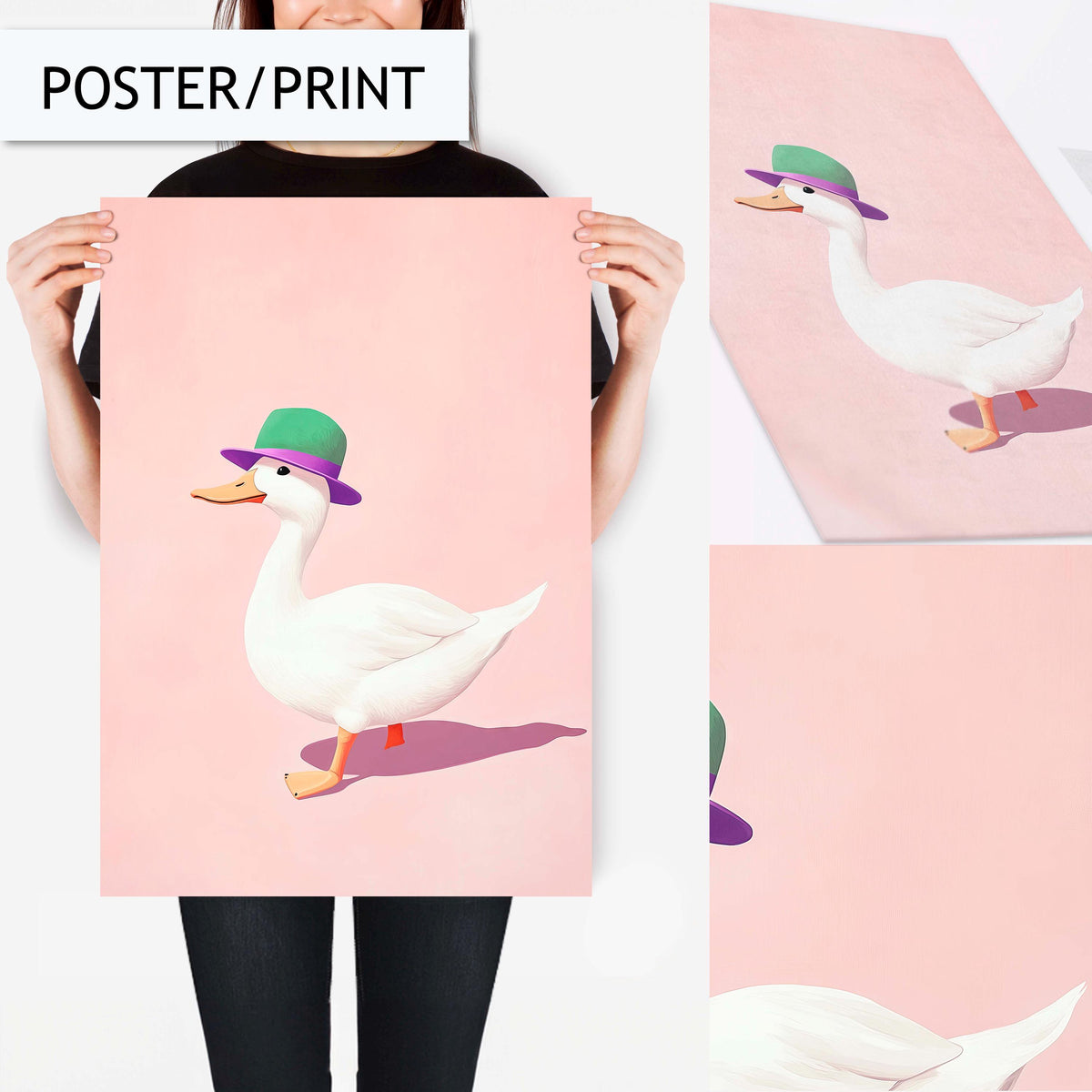 Funny Silly Goose Wall Art, Quirky Animal Print, Goose in Hat Decor, Pink Wall Art, Unique Animal Wall Art for Kids Room, Funny Toilet Art