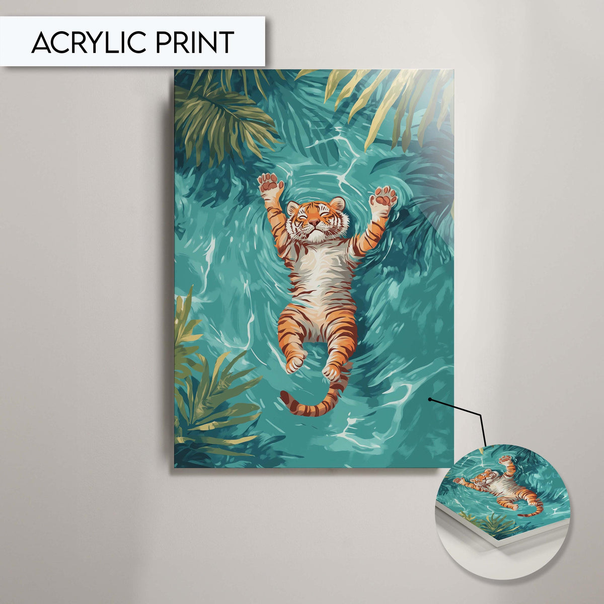 Baby Tiger Floating in Water Print, Tiger Wall Art, Jungle Inspired Animal Art, Tropical Decor for Living Room or Kids Room Wall Decor