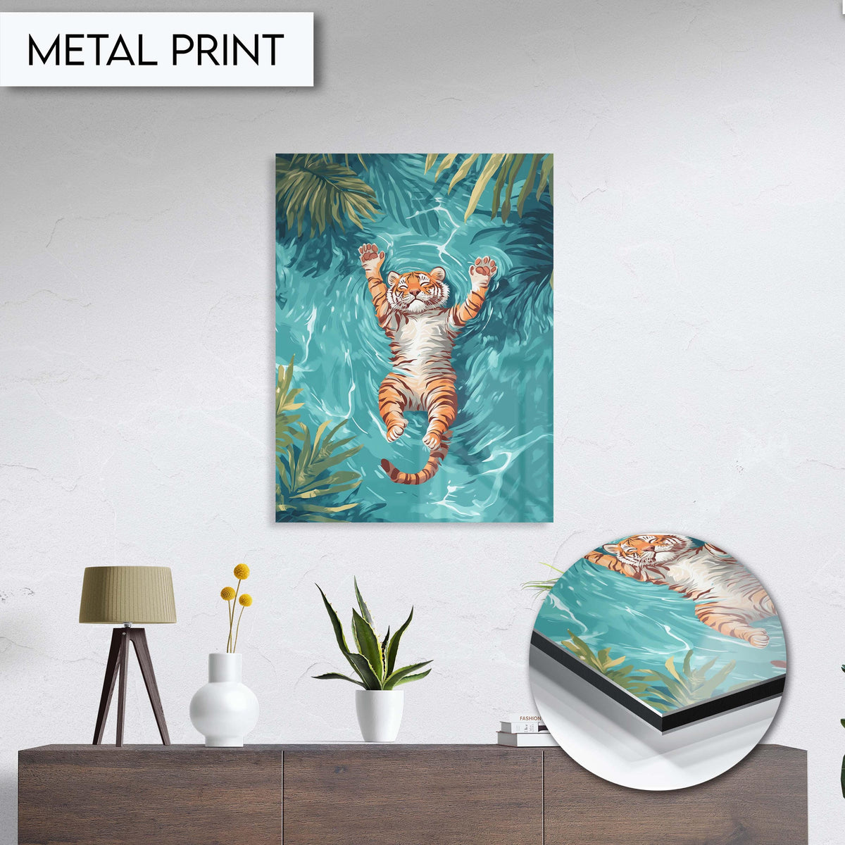 Baby Tiger Floating in Water Print, Tiger Wall Art, Jungle Inspired Animal Art, Tropical Decor for Living Room or Kids Room Wall Decor