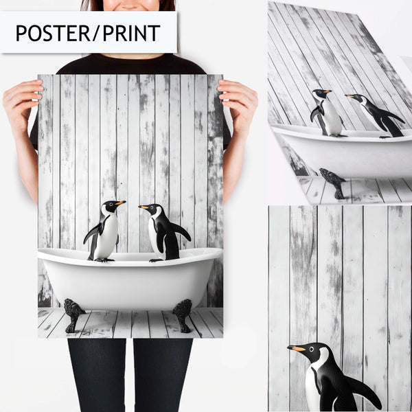 Funny Penguin Bathroom Art, Penguin in Bathtub Print, Quirky Animal Wall Art, Fun Bathroom Decor, Black and White Penguin Wall Print