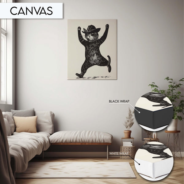 Dancing Cowboy Cat Wall Art, Black and White Cat Print, Fun Animal Wall Art, Quirky Cat Decor, Unique Animal Wall Art, Vintage Minimalist