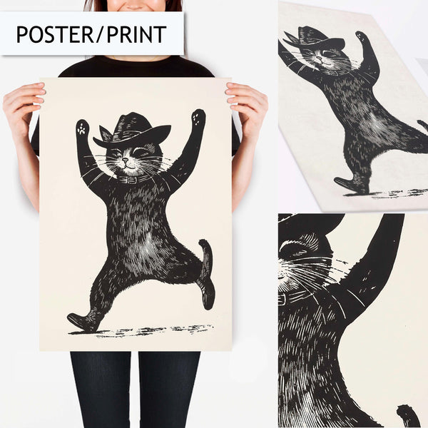 Dancing Cowboy Cat Wall Art, Black and White Cat Print, Fun Animal Wall Art, Quirky Cat Decor, Unique Animal Wall Art, Vintage Minimalist