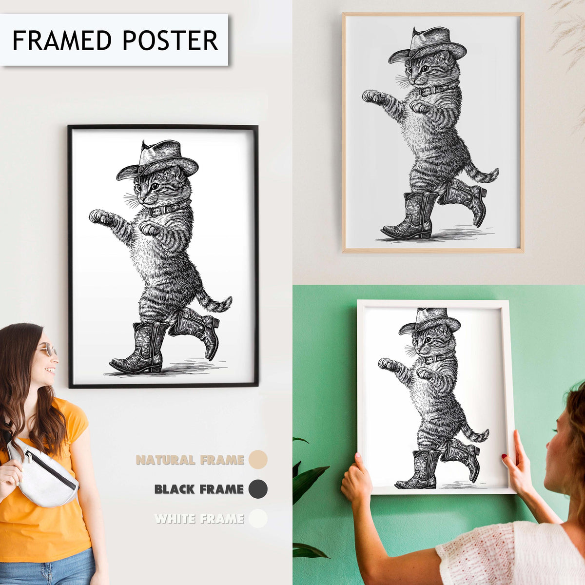 Cowboy Cat Print, Vintage Cowboy Cat Dancing Illustration, Rustic Country Western Cat Wall Art, Animal Lover Gift, Cowboy Boots Poster