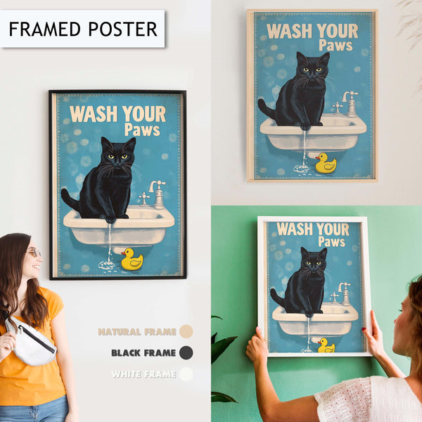 Funny Toilet Art Print Decor, Black Cat Wash Your Paws, Funny Bathroom Decoration Print, Fun Animal Picture Vintage Wall Art Print