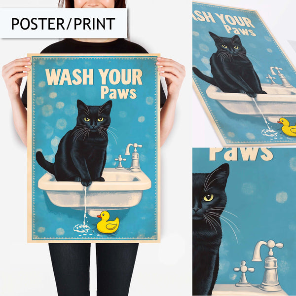 Funny Toilet Art Print Decor, Black Cat Wash Your Paws, Funny Bathroom Decoration Print, Fun Animal Picture Vintage Wall Art Print