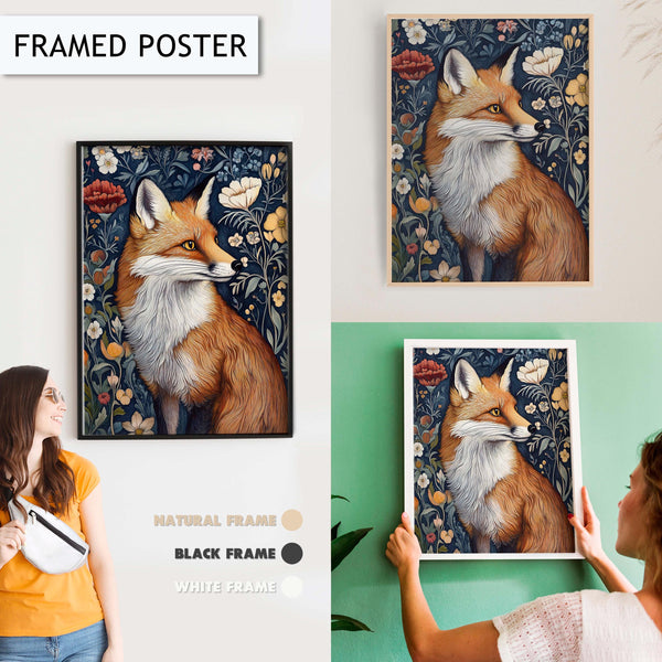 Fox and Floral Wall Art, Woodland Fox Art Print Decor, Nature-Inspired Animal Decor, Fox with Flowers Painting, Rustic Fox Wall Art