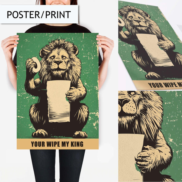 Funny Lion Bathroom Wall Art, Humorous Animal Art Print Decor, Vintage Art Poster, Quirky Bathroom Decor, Lion Toilet Paper Wall Art