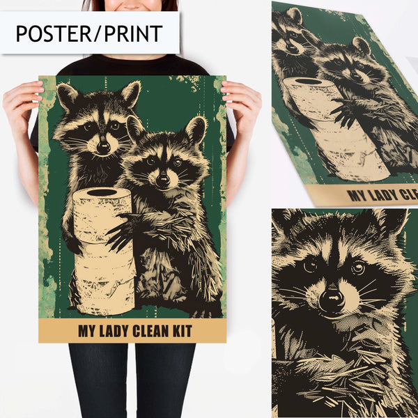 Funny Raccoon Bathroom Artwork Print Wall Art Decor for Toilet, Funny Animal Print, Vintage Bathroom Decor, Toilet Art Print Decor