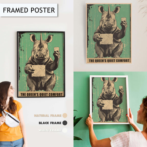 Vintage Rhino Bathroom Art Print, Funny Animal Wall Decor for Bathroom, Quirky Rhino Print for Toilet Wall Art, Retro Bathroom Decor