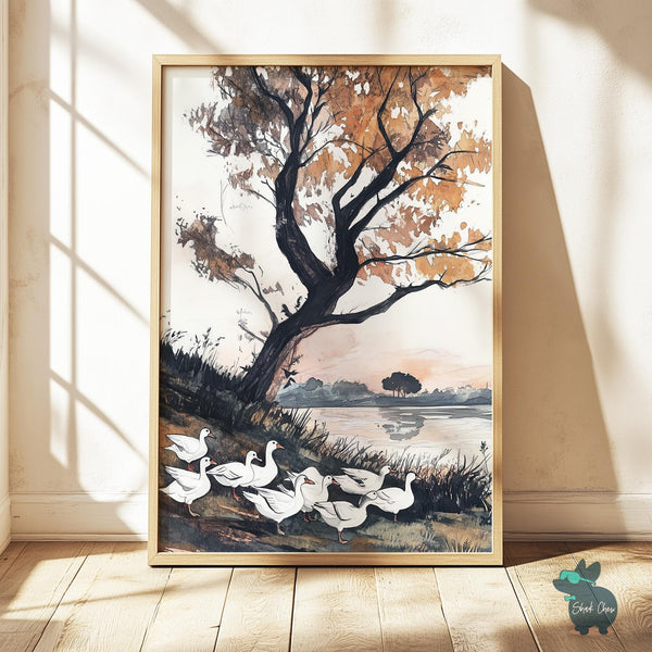 Vintage Geese Artwork, Fall Landscape with Silly Goose, Rustic Animal Wall Art, Country Living Wall Print, Vintage animals Art Decor