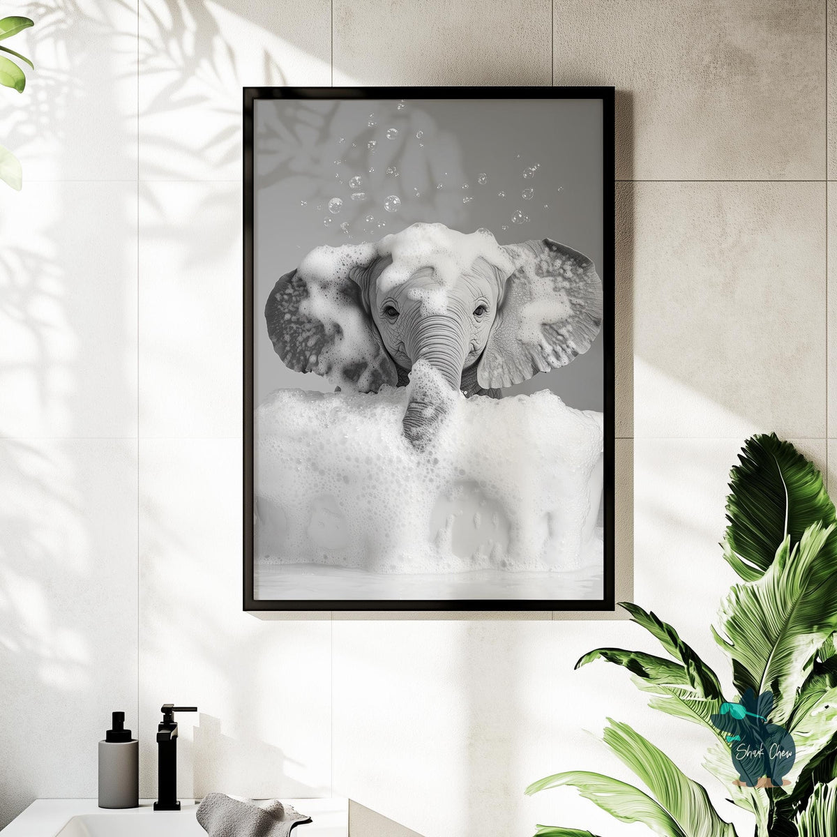 Elephant Bubble Bath Wall Art, Playful Safari Animal Decor, Fun Black and White Bathroom Print, Cute Elephant Wall Decor, Bathtime Art