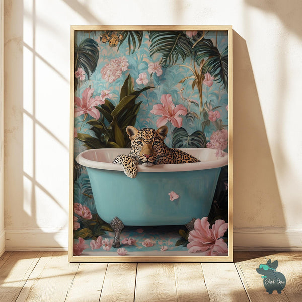 Tropical Leopard Bathroom Wall Art, Fun Animal Print, Jungle Bathtub Decor, Modern Bathroom Art, Tropical Animal Wall Decor, Toilet Art