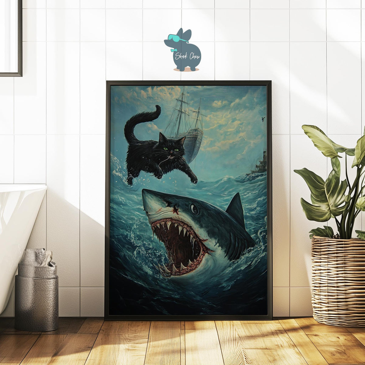 Black Cat and Shark Adventure Wall Art, Nautical Cat Print, Ocean Fantasy Decor, Pirate Cat Artwork, Funny Bathroom Wall art Decor