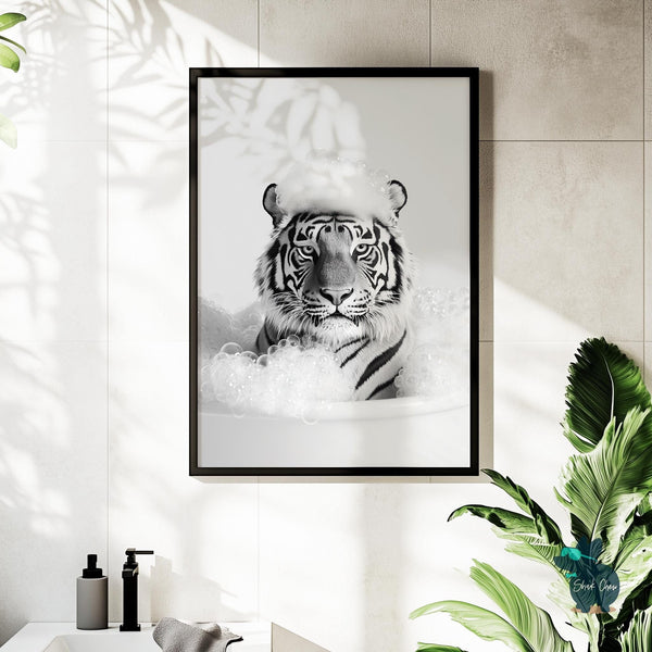 Tiger Bubble bathtub Wall Art, Fun Animal Bathroom Decor, Black and White Tiger Print, Quirky Bathtub Art, Unique Bathroom Wall Art