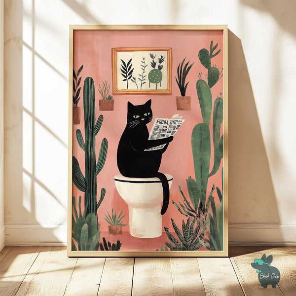 Funny Black Cat Toilet Wall Art, Quirky Animal Bathroom Print, Cactus Decor, Fun Bathroom Art, Cat Reading Newspaper, Unique Wall Art