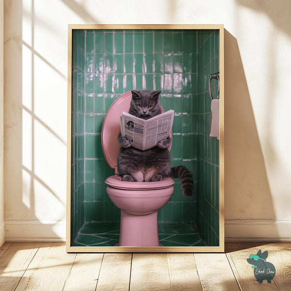 Funny Cat Toilet Art, Quirky Bathroom Wall Art, Cat Reading Newspaper Print, Unique Bathroom Decor, Fun Animal Wall Art, Funny Bathroom Sign