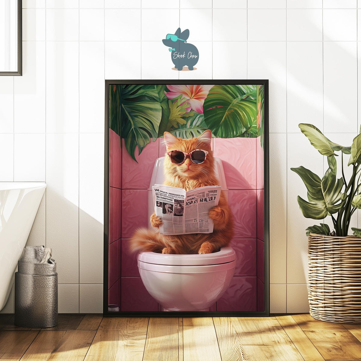 Funny Cat Toilet Wall Art, Quirky Bathroom Decor, Cat with Sunglasses Print, Tropical Bathroom Art, Unique Animal Wall Art, Toilet wall art