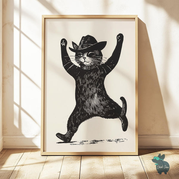 Dancing Cowboy Cat Wall Art, Black and White Cat Print, Fun Animal Wall Art, Quirky Cat Decor, Unique Animal Wall Art, Vintage Minimalist