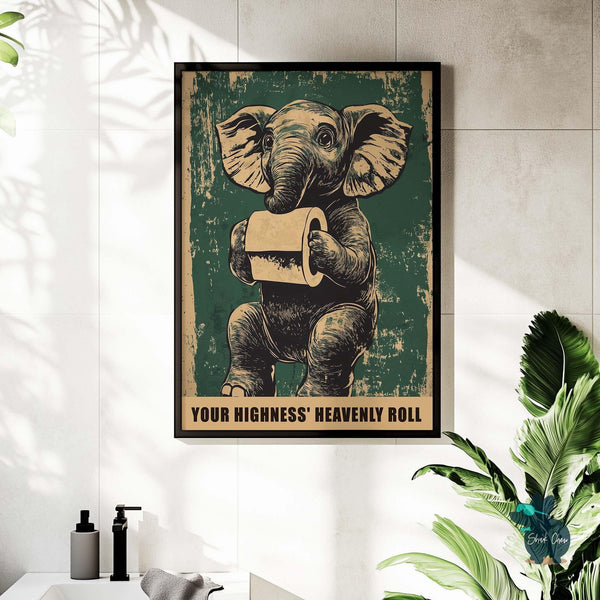 Funny Elephant Bathroom Art, Quirky Animal Wall Art, Toilet Paper Decor, Vintage Style Bathroom Wall Print, Unique Bathroom Humor Art