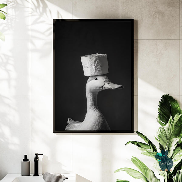 Funny Bathroom Duck Print, Duck Toilet Paper Hat Art, Black and White Quirky Wall Decor, Toilet Wall Art, Animal Bathroom Art Decor