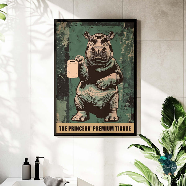 Funny Hippo Bathroom Art, Toilet Paper Humor, Animal Wall Art for Bathroom, Farmhouse Bathroom Decor, Vintage Bathroom Poster Toilet Art