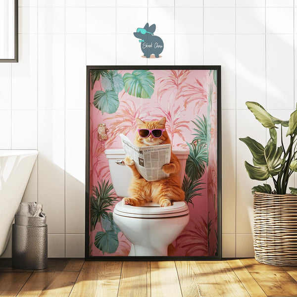 Tropical Cat Bathroom Wall Art, Funny Cat Reading Newspaper, Quirky Bathroom Decor, Tropical Jungle Wall Print, Humorous Art for Bathroom