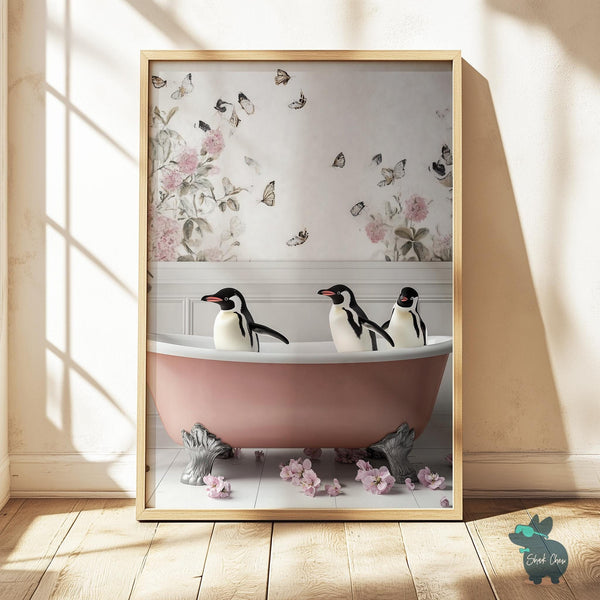 Penguin Bathtub Wall Art, Cute Penguin Bathroom Decor, Quirky Animal Wall Print, Fun Penguin Art for Bathroom Decor, Toilet Wall Art