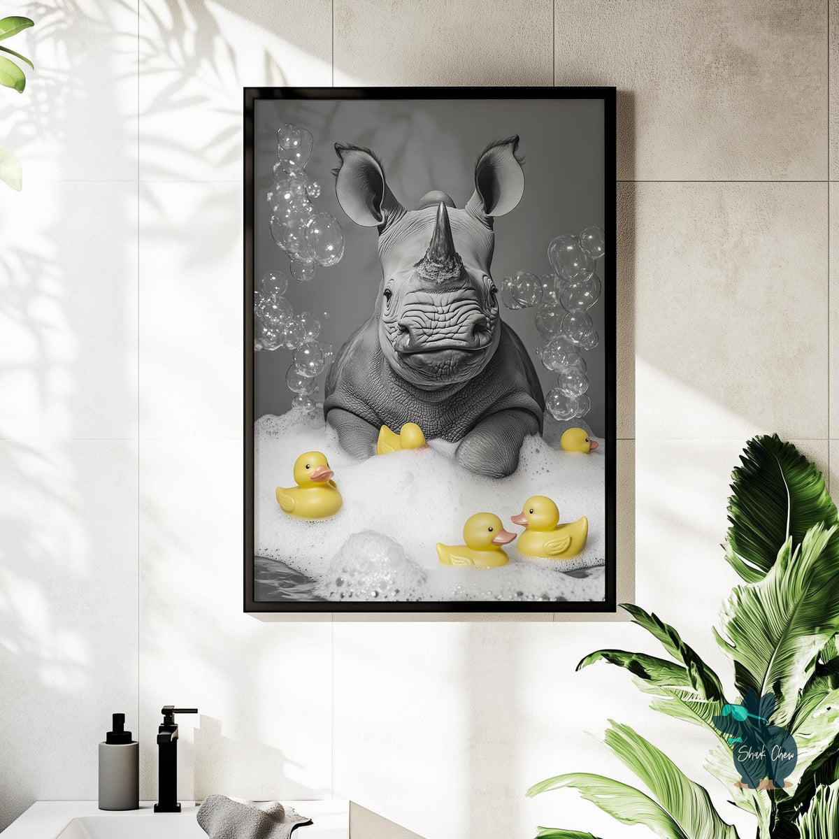 Rhino Bubble Bath Wall Art, Cute Rhino Bathroom Decor, Quirky Animal Wall Print, Fun Rhino Art for Bathroom, bathroom funny art Decor