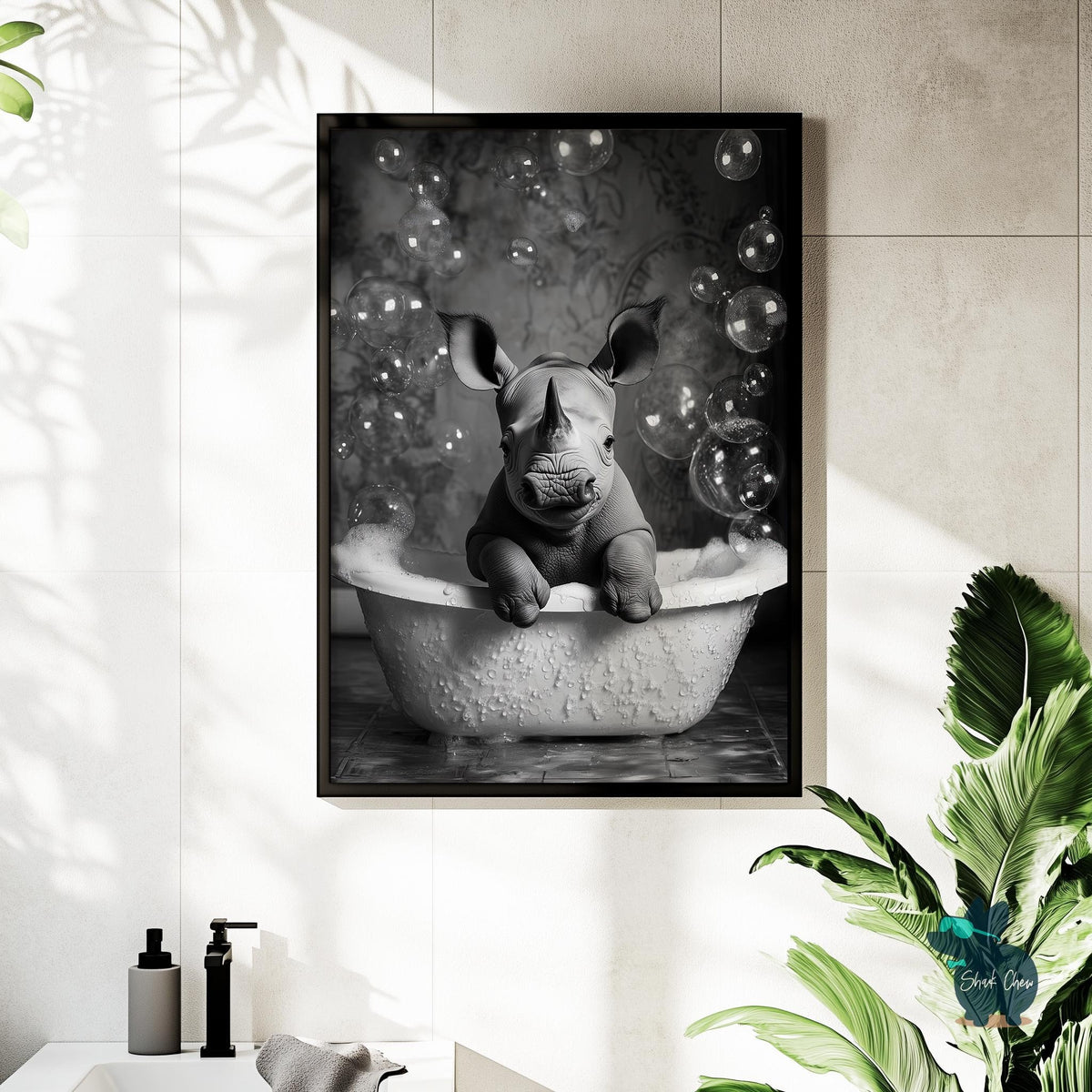 Rhino Bathroom Art Print, Funny Animal Wall Decor for Bathroom, Baby Rhino Print for Toilet Wall Art, Bathroom Animal Decor, Kids Wall Art