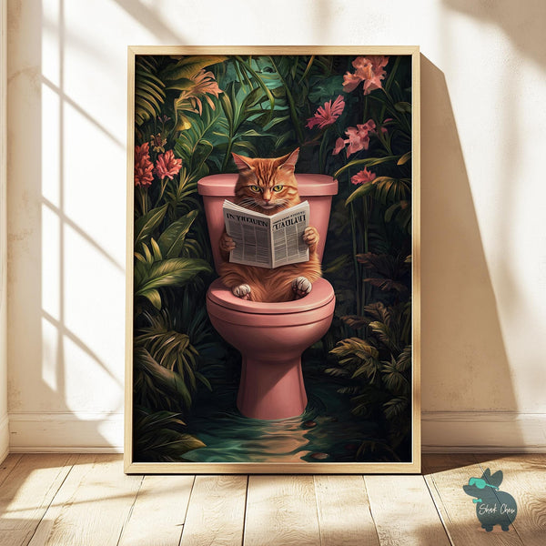 Funny Cat Bathroom Art Print, Animal Wall Decor for Bathroom, Cat Reading Newspaper Print for Toilet Wall Art, Toilet Wall Art Print Decor