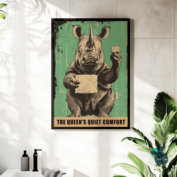 Vintage Rhino Bathroom Art Print, Funny Animal Wall Decor for Bathroom, Quirky Rhino Print for Toilet Wall Art, Retro Bathroom Decor