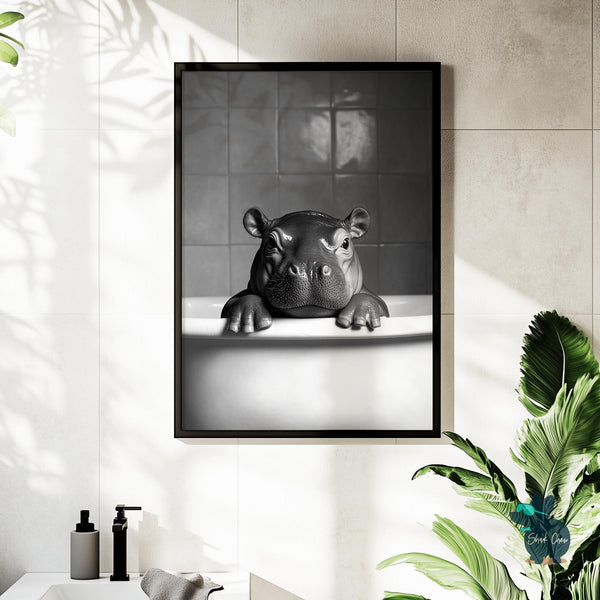 Funny Hippo Bathroom Artwork Print Wall Art Decor for Toilet, Baby Hippo Bathtub Art, Black and White Animal Wall Art, Modern Bathroom Decor