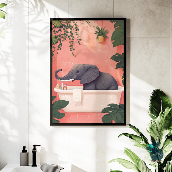 Funny Elephant Bathroom Artwork Print Wall Art Decor for Toilet, Elephant Bathtub Art, Animal Wall Art for Bathroom, Kids Bathroom Decor