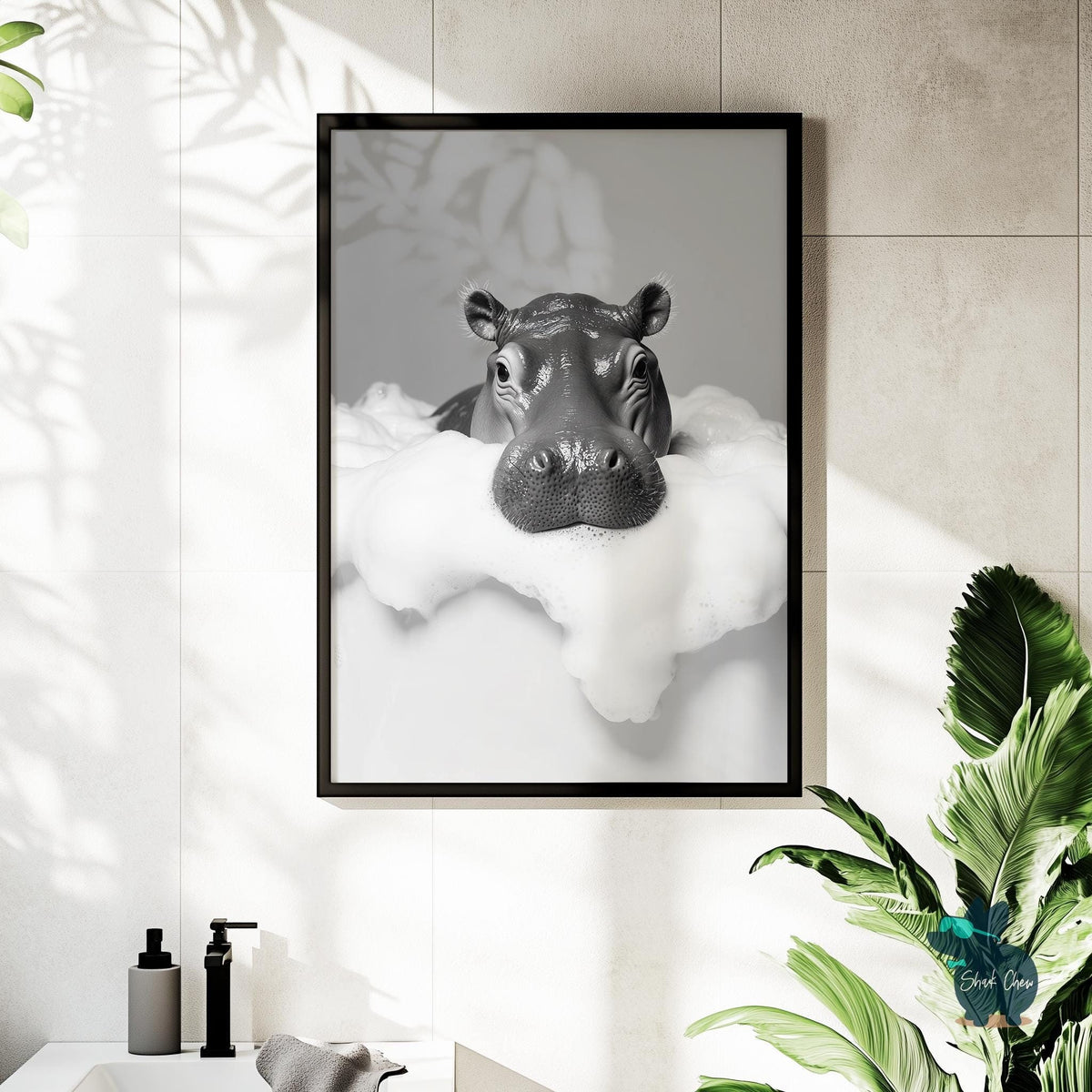 Funny Hippo Bathroom Artwork Print Wall Art Decor for Toilet, Hippo in Bathtub Art, Black and White Animal Wall Art, Modern Bathroom Decor