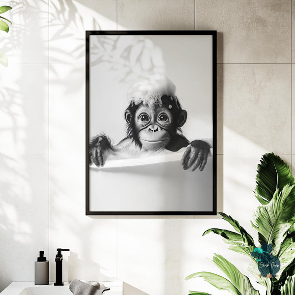 Baby Monkey Bathroom Artwork Print, Wall Art Decor for Toilet, Monkey in Bathtub Art, Black and White Animal Wall Art, Kids Bathroom Decor