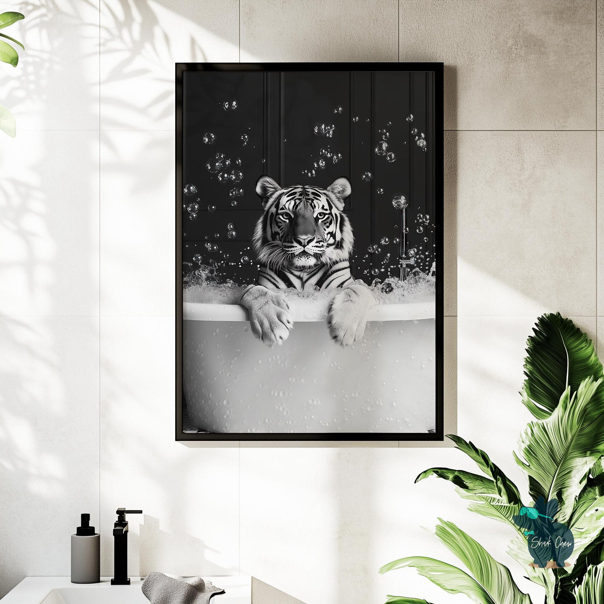 Tiger Bubble Bath Print, Funny Tiger Bathroom Wall Art, Animal Bathroom Decor, Black and White Tiger Art Print, Bathroom Wall Decor for Kids