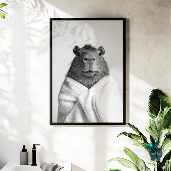 Funny Capybara Bathroom Art Wall Art Print Decor, Cute Animal Wall Art for Bathroom, Capybara Print in Towel Art, Capybara Bathroom Print