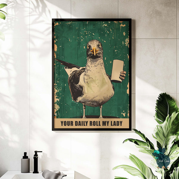 Funny Seagull Bathroom Art, Quirky Animal Wall Decor, Seagull Print for Toilet Wall, Vintage Style Art Print, Humorous Bathroom Wall Decor