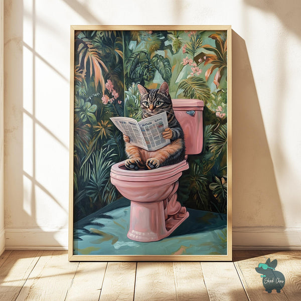 Funny Cat Bathroom Art, Quirky Toilet Wall Decor, Cat Reading Newspaper Print, Animal Wall Art for Bathroom, Humorous Cat Wall Art Decor