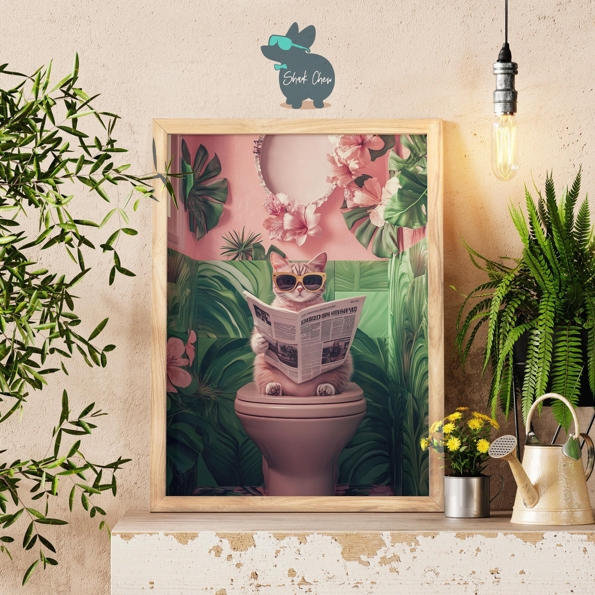 Funny Cat Bathroom Wall Art Tropical Cat Print, Cat Toilet Art for Bathroom Decor, Animal Wall Art for Toilet, Tropical Bathroom Wall Art