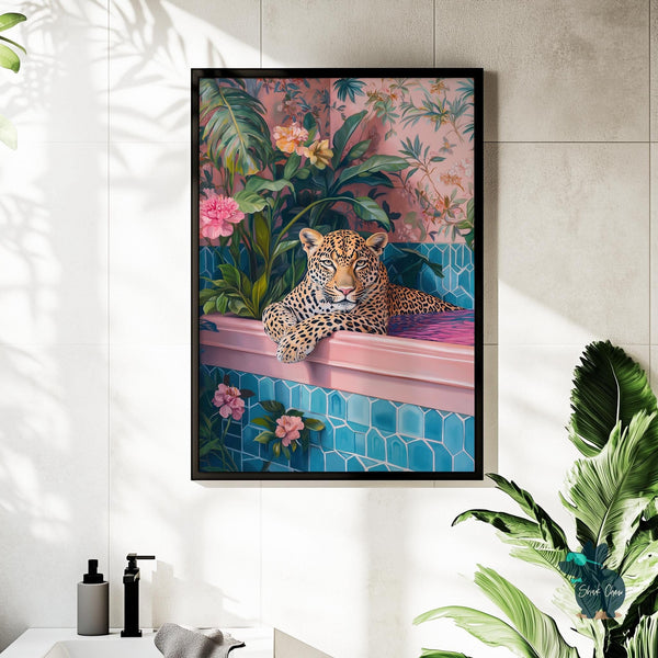 Leopard Bathroom Wall Art, Animal Bathroom Decor, Leopard in Bathtub Artwork, Jungle Theme Wall Art for Bathroom, Animal Wall Art for Toilet