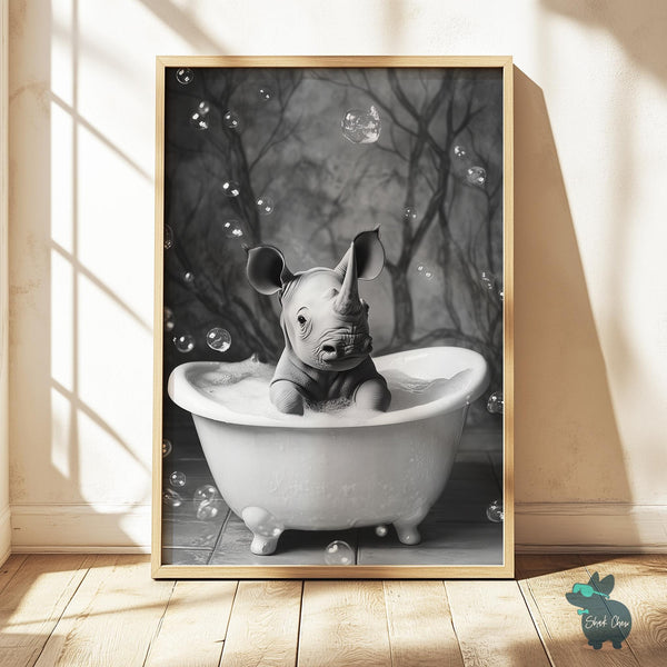 Funny Rhino Bathroom Art Print Wall Art Decor, Baby Rhino Wall Decor for Bathroom, Toilet Art Print Rhino for Bathroom Art Decor