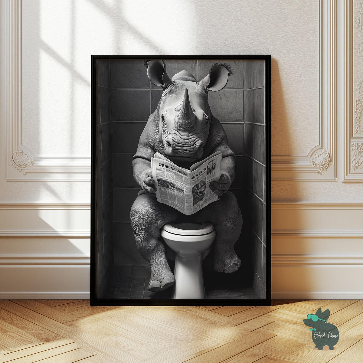 Funny Rhino Toilet Art Print, Bathroom Wall Art Decor, Rhino Reading Newspaper Bathroom Art, Animal Wall Decor for Bathroom