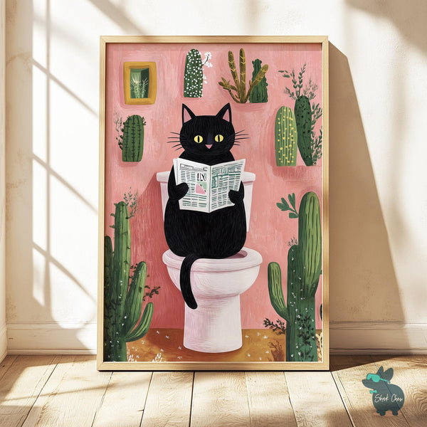 Funny Black Cat Bathroom Art Print Decor, Animal Wall Art Decor for Toilet, Cactus Cat Wall Art, Cat Print for Bathroom, Funny Pet Wall Art